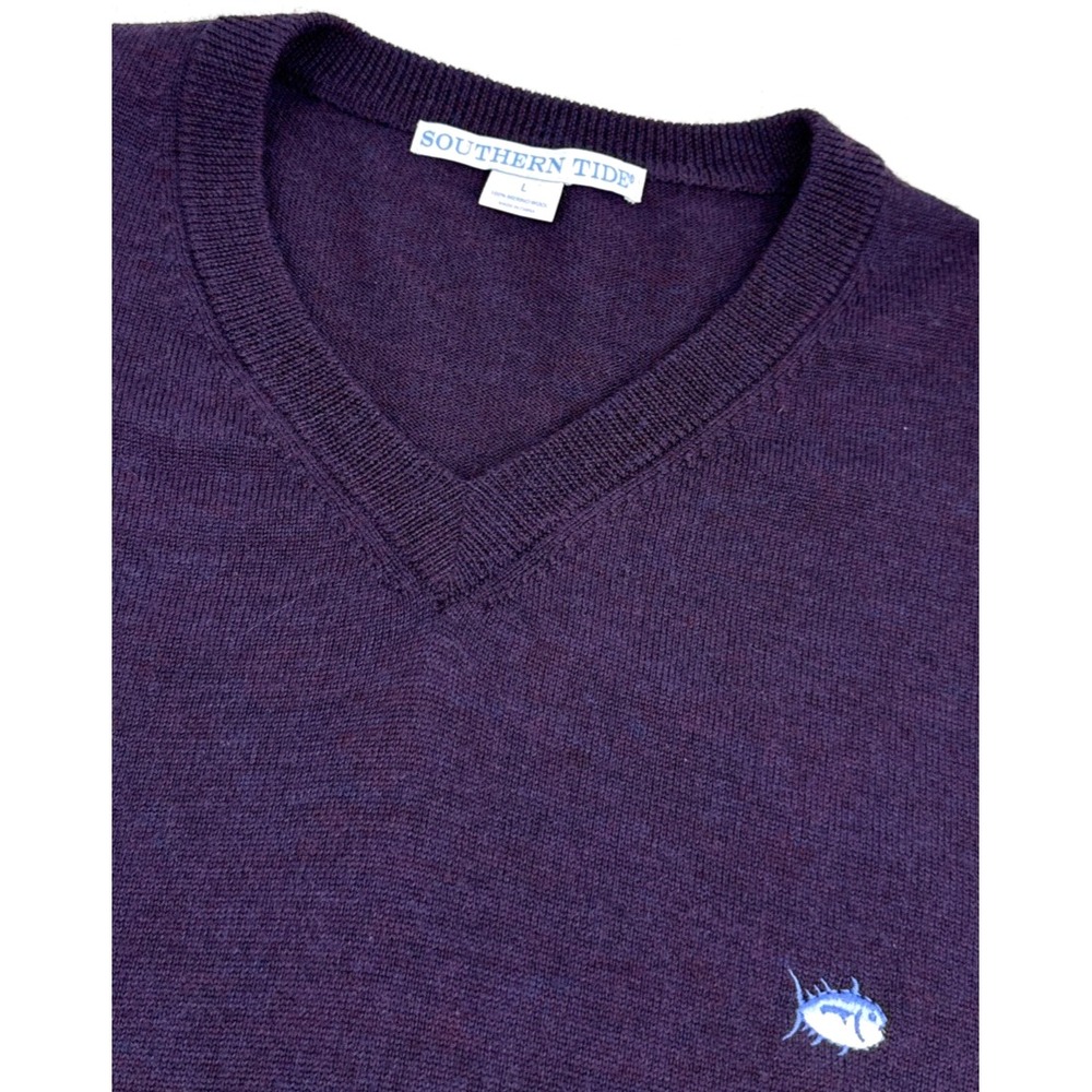 Southern Tide Sweater Men's Large Merino Wool Purple‎ V-Neck Shipjack